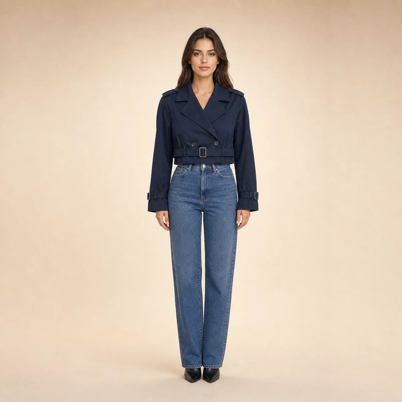 Mia | Women's Cropped Trench Coat, Double-Breasted Belted in Navy Blue, view 1