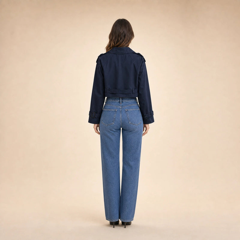 Mia | Women's Cropped Trench Coat, Double-Breasted Belted in Navy Blue, view 2