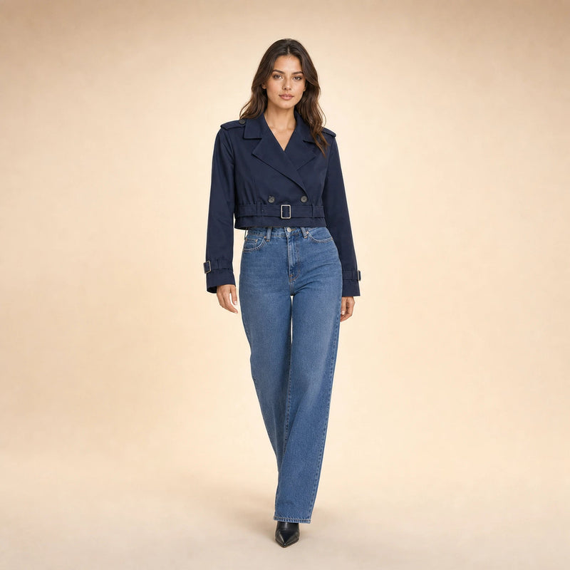 Mia | Women's Cropped Trench Coat, Double-Breasted Belted in Navy Blue, view 3