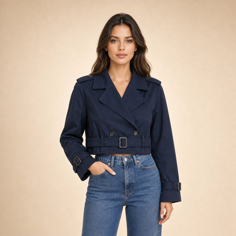 Mia | Women's Cropped Trench Coat, Double-Breasted Belted in Navy Blue, view 4