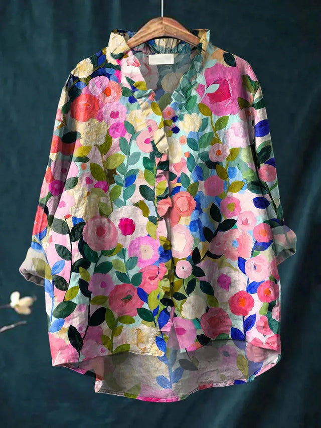 Mirelle | Blomstret Hør-look Bluse, forfra