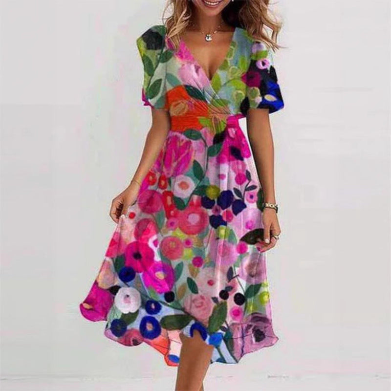 Kjole Dame Blomsterprint Wrapkjole med V-hals i Blomstret 3, produktbillede