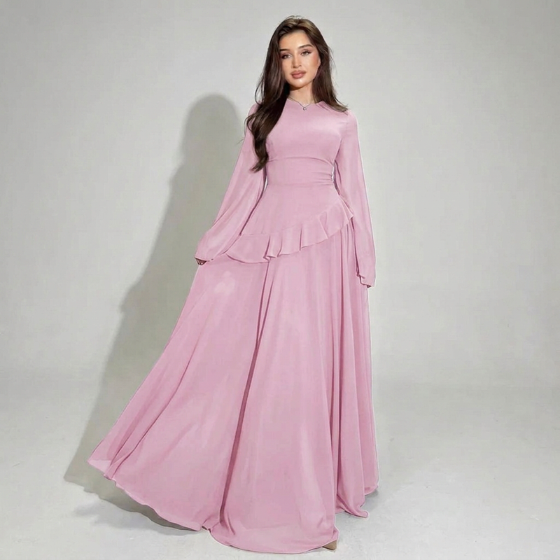Nadia | Lang kjole med peplum i Rosa, forfra