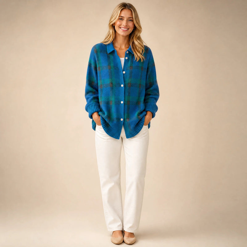 Natalie | Women's Plaid Check Knit Shacket, Button-Front in Blue, view 1