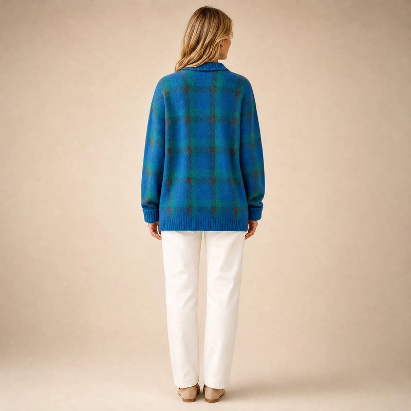 Natalie | Women's Plaid Check Knit Shacket, Button-Front in Blue, view 2