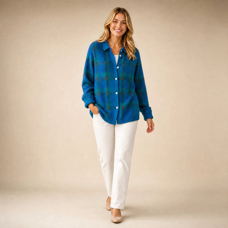 Natalie | Women's Plaid Check Knit Shacket, Button-Front in Blue, view 3