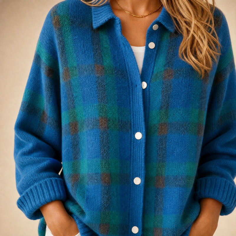 Natalie | Women's Plaid Check Knit Shacket, Button-Front in Blue, view 4