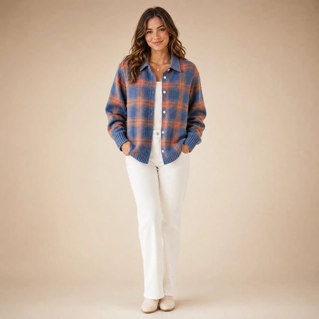 Natalie | Women's Plaid Check Knit Shacket, Button-Front in Blue & Orange, view 1