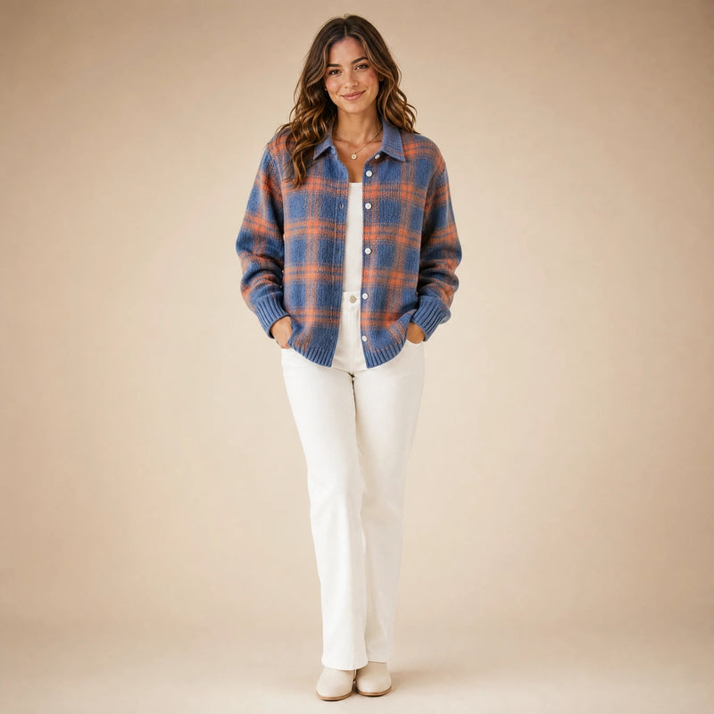 Natalie | Women's Plaid Check Knit Shacket, Button-Front in Blue & Orange, view 1