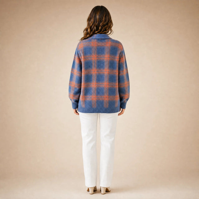 Natalie | Women's Plaid Check Knit Shacket, Button-Front in Blue & Orange, view 2