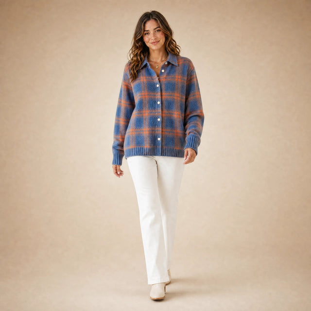 Natalie | Women's Plaid Check Knit Shacket, Button-Front in Blue & Orange, view 3