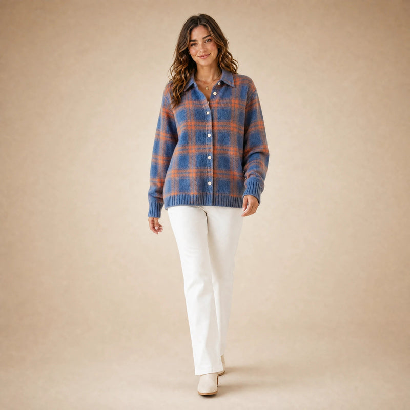 Natalie | Women's Plaid Check Knit Shacket, Button-Front in Blue & Orange, view 3