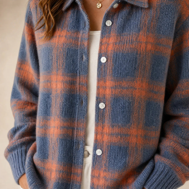 Natalie | Women's Plaid Check Knit Shacket, Button-Front in Blue & Orange, view 4
