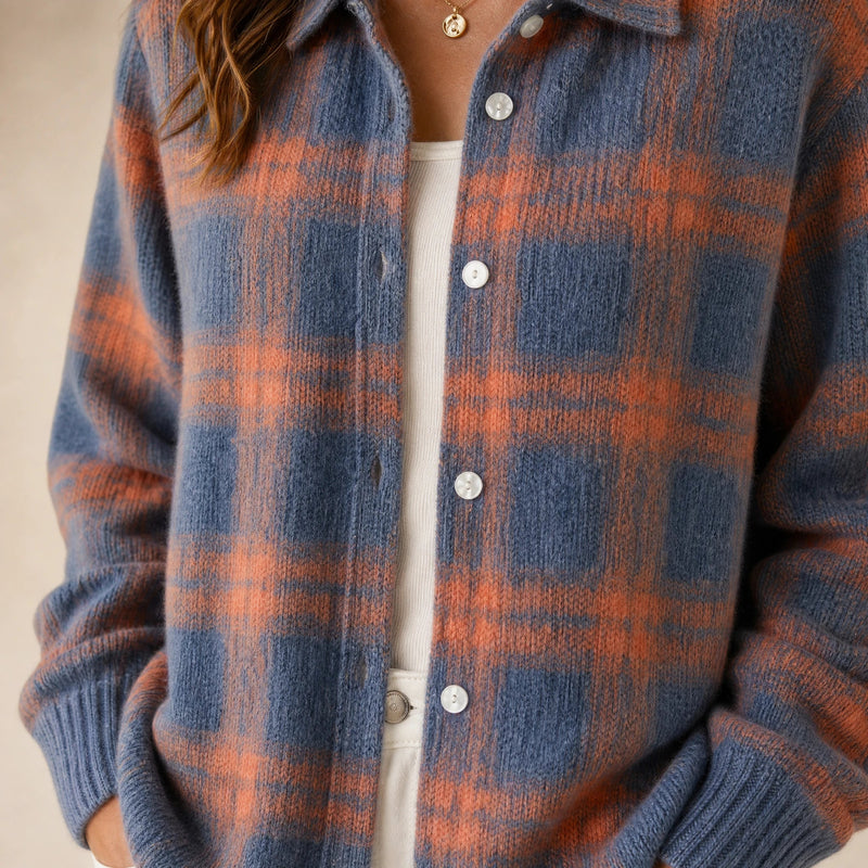 Natalie | Women's Plaid Check Knit Shacket, Button-Front in Blue & Orange, view 4