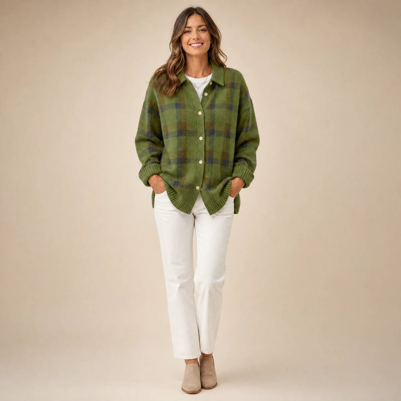 Natalie | Women's Plaid Check Knit Shacket, Button-Front in Green, view 1