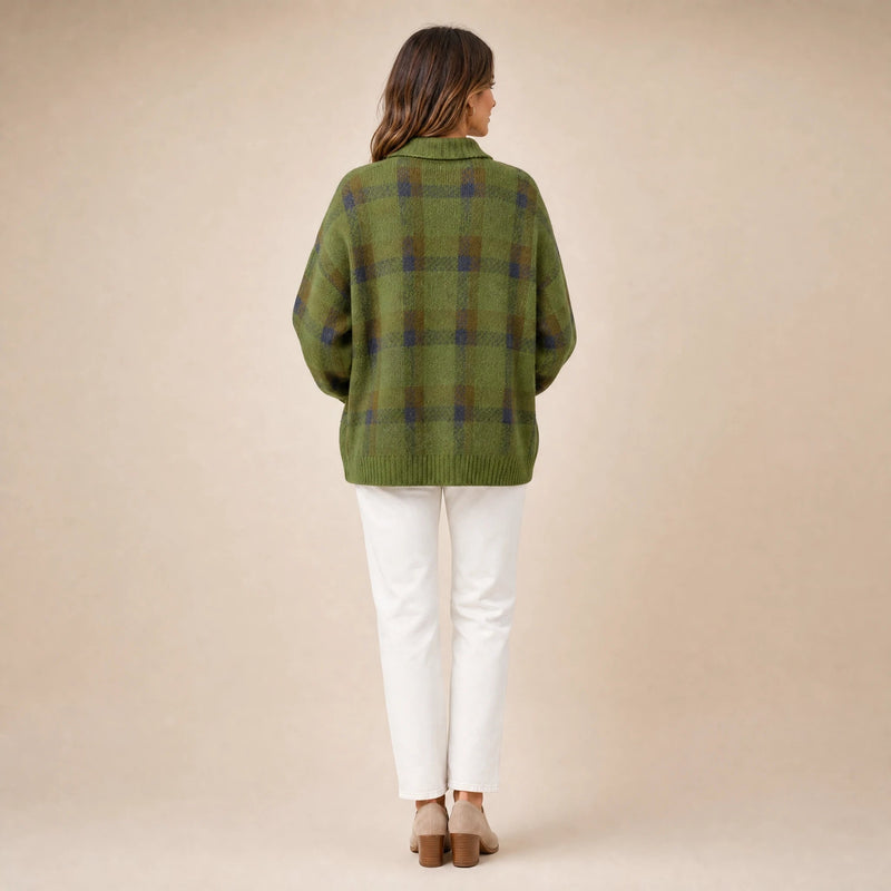 Natalie | Women's Plaid Check Knit Shacket, Button-Front in Green, view 2