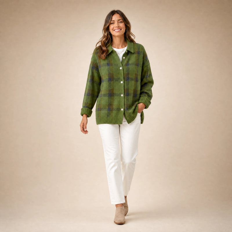 Natalie | Women's Plaid Check Knit Shacket, Button-Front in Green, view 3