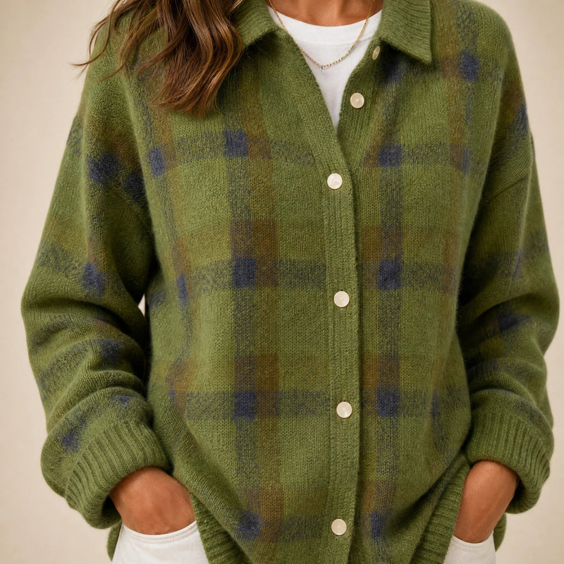 Natalie | Women's Plaid Check Knit Shacket, Button-Front in Green, view 4