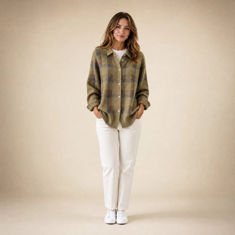 Natalie | Women's Plaid Check Knit Shacket, Button-Front in Khaki, view 1