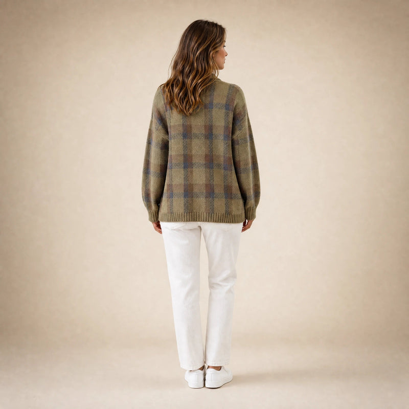 Natalie | Women's Plaid Check Knit Shacket, Button-Front in Khaki, view 2