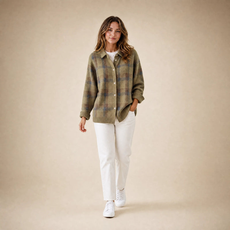 Natalie | Women's Plaid Check Knit Shacket, Button-Front in Khaki, view 3