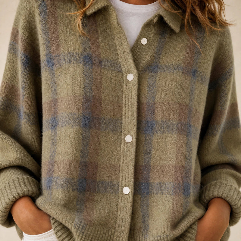 Natalie | Women's Plaid Check Knit Shacket, Button-Front in Khaki, view 4