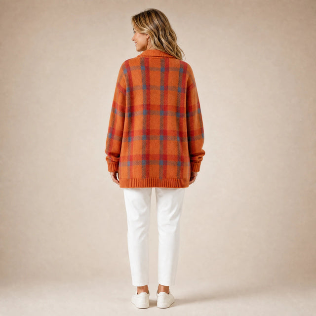 Natalie | Women's Plaid Check Knit Shacket, Button-Front in Orange, view 2