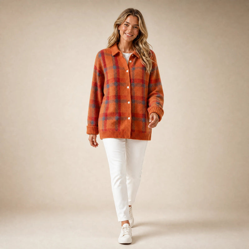 Natalie | Women's Plaid Check Knit Shacket, Button-Front in Orange, view 3