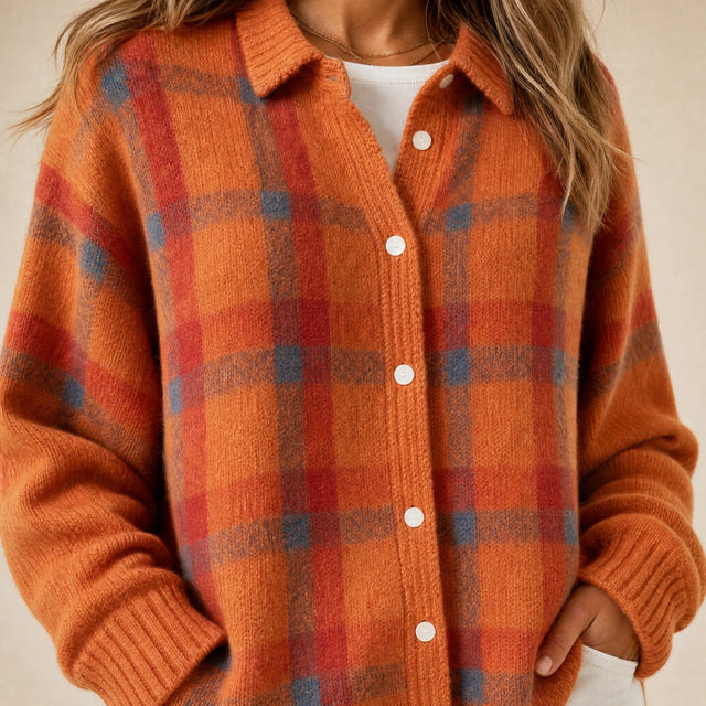Natalie | Women's Plaid Check Knit Shacket, Button-Front in Orange, view 4