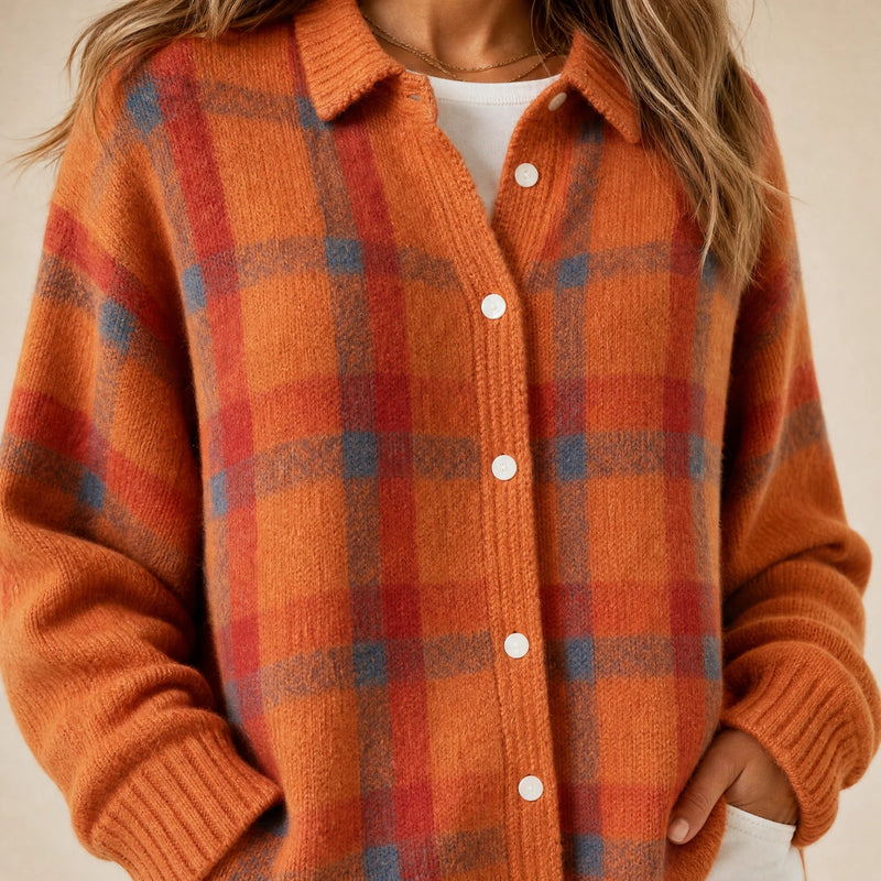 Natalie | Women's Plaid Check Knit Shacket, Button-Front in Orange, view 4