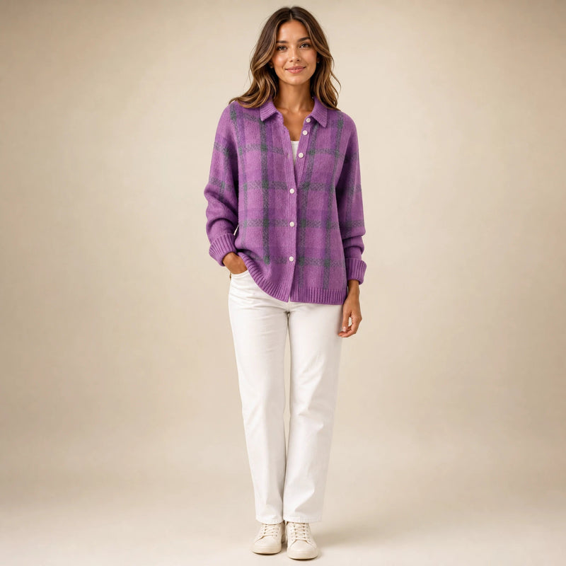 Natalie | Women's Plaid Check Knit Shacket, Button-Front in Purple, view 1