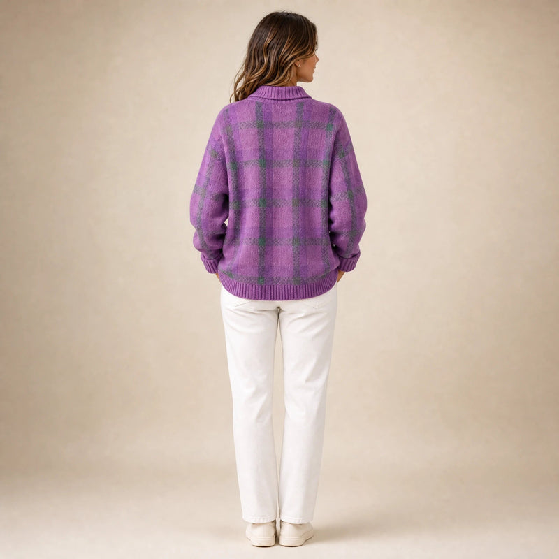 Natalie | Women's Plaid Check Knit Shacket, Button-Front in Purple, view 2