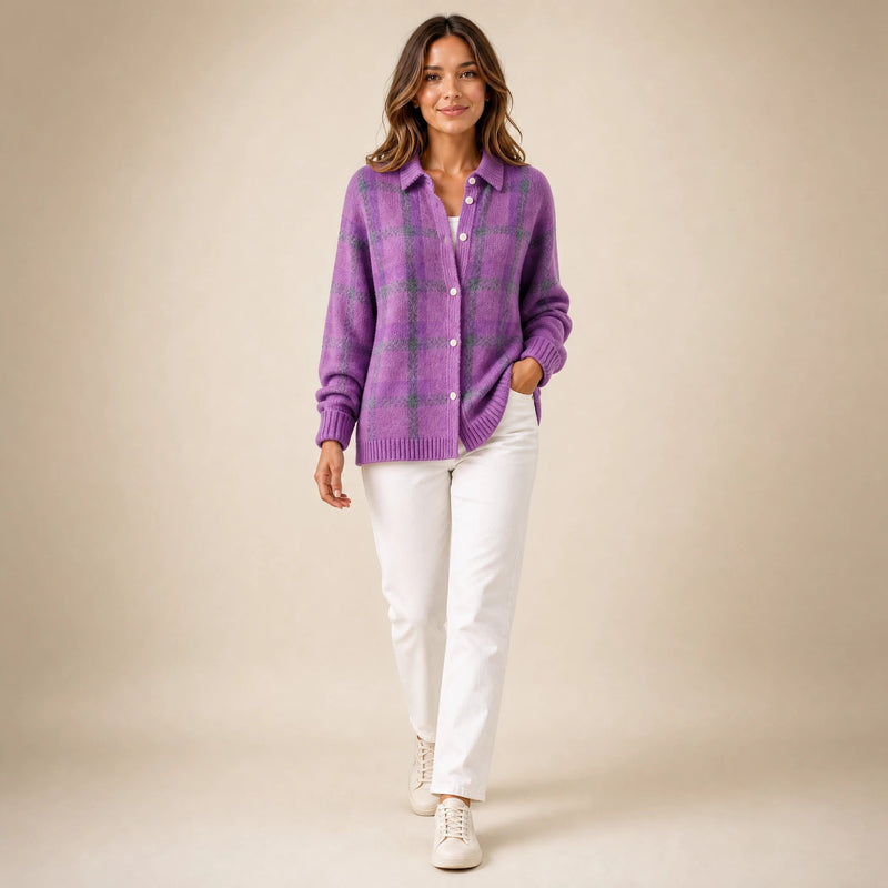 Natalie | Women's Plaid Check Knit Shacket, Button-Front in Purple, view 3