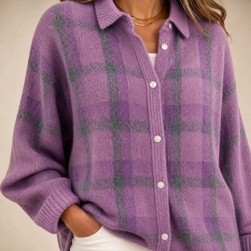 Natalie | Women's Plaid Check Knit Shacket, Button-Front in Purple, view 4