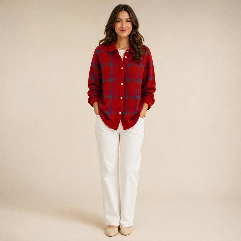 Natalie | Women's Plaid Check Knit Shacket, Button-Front in Red, view 1
