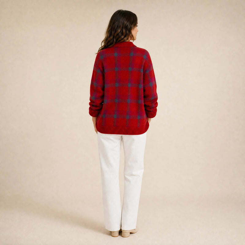 Natalie | Women's Plaid Check Knit Shacket, Button-Front in Red, view 2