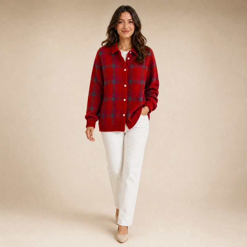 Natalie | Women's Plaid Check Knit Shacket, Button-Front in Red, view 3