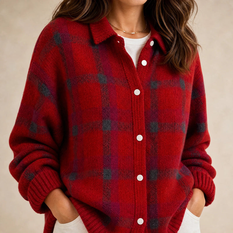 Natalie | Women's Plaid Check Knit Shacket, Button-Front in Red, view 4