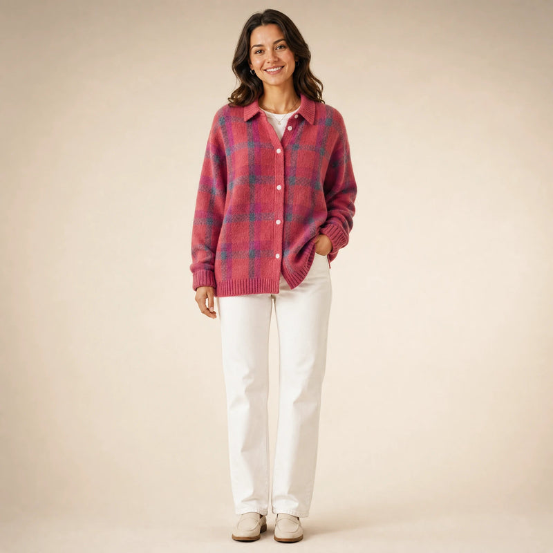 Natalie | Women's Plaid Check Knit Shacket, Button-Front in Rose, view 1