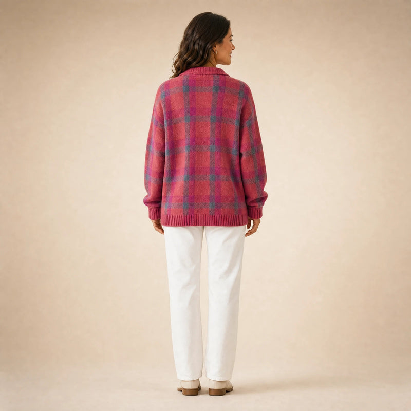 Natalie | Women's Plaid Check Knit Shacket, Button-Front in Rose, view 2