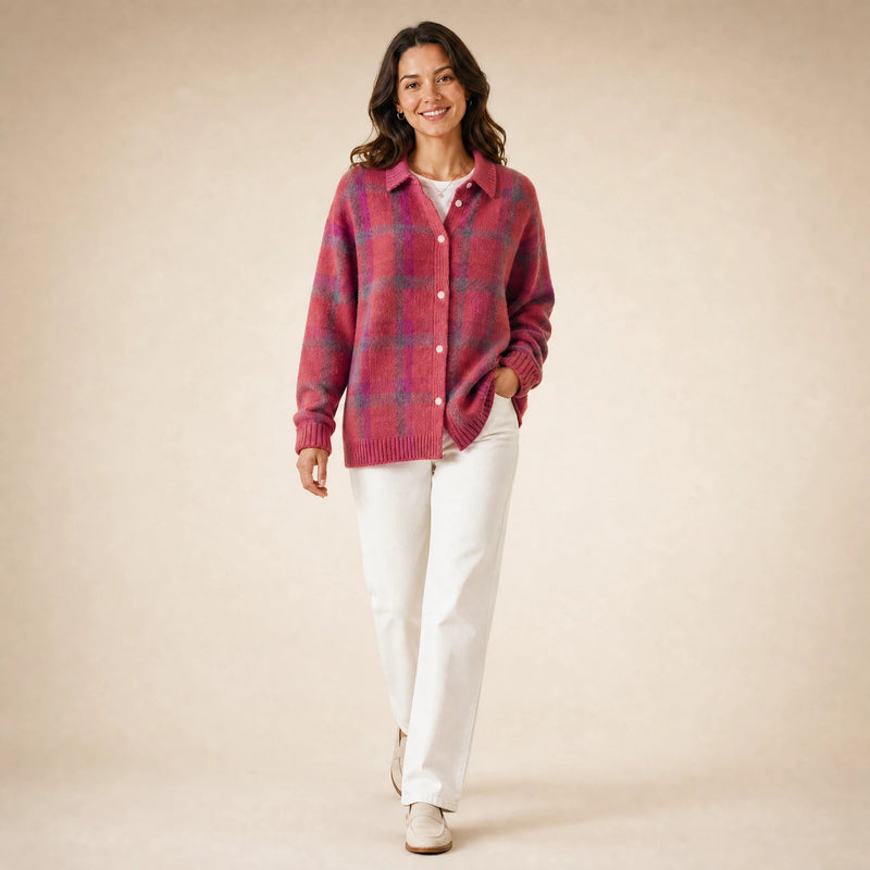 Natalie | Women's Plaid Check Knit Shacket, Button-Front in Rose, view 3