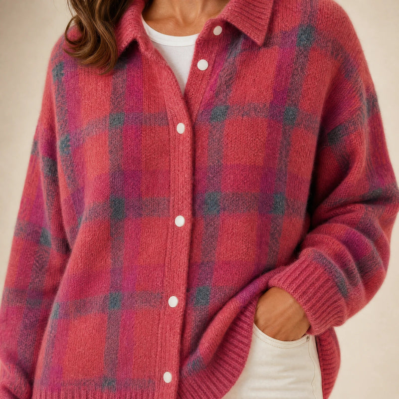 Natalie | Women's Plaid Check Knit Shacket, Button-Front in Rose, view 4