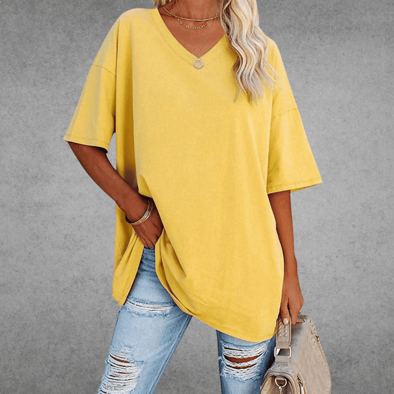 Top Dame Oversize T-shirt med V-hals, Bomuld i Gul, produktbillede