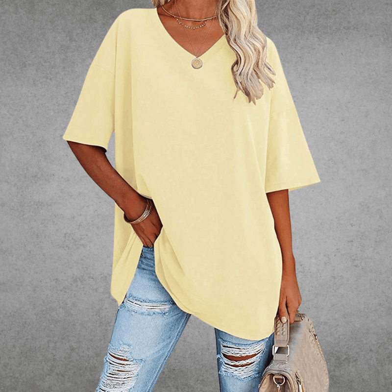 Top Dame Oversize T-shirt med V-hals, Bomuld i Lysegul, produktbillede