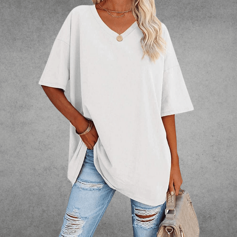 Top Dame Oversize T-shirt med V-hals, Bomuld i Hvid, produktbillede