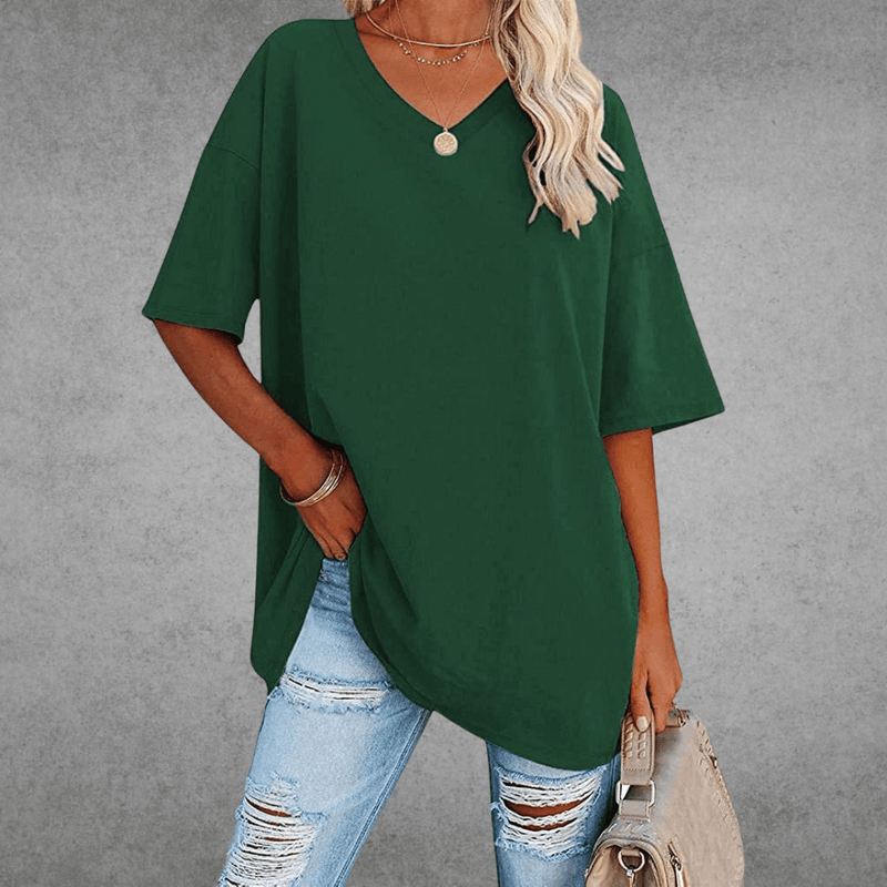 Top Dame Oversize T-shirt med V-hals, Bomuld i Mørkegrøn, produktbillede