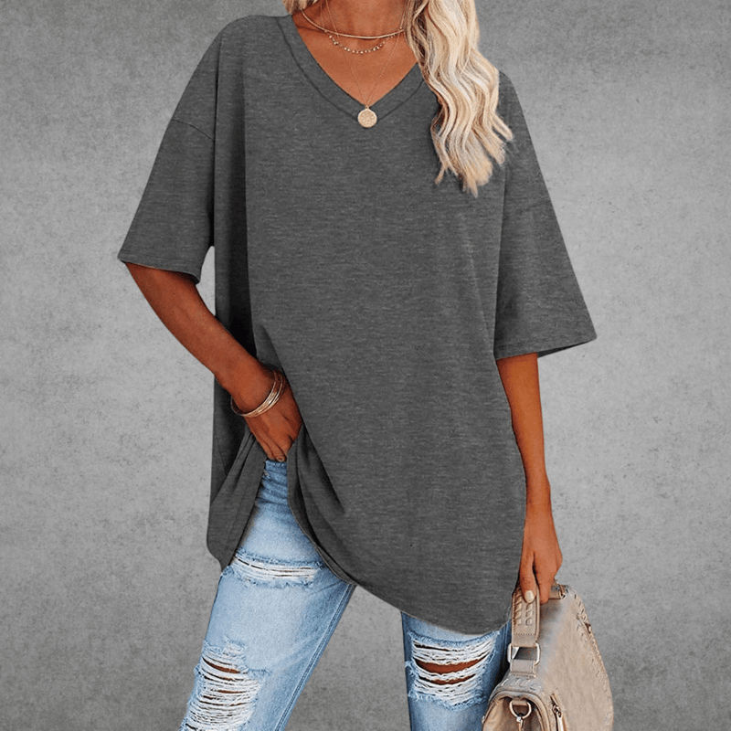 Top Dame Oversize T-shirt med V-hals, Bomuld i Mørkegrå, produktbillede
