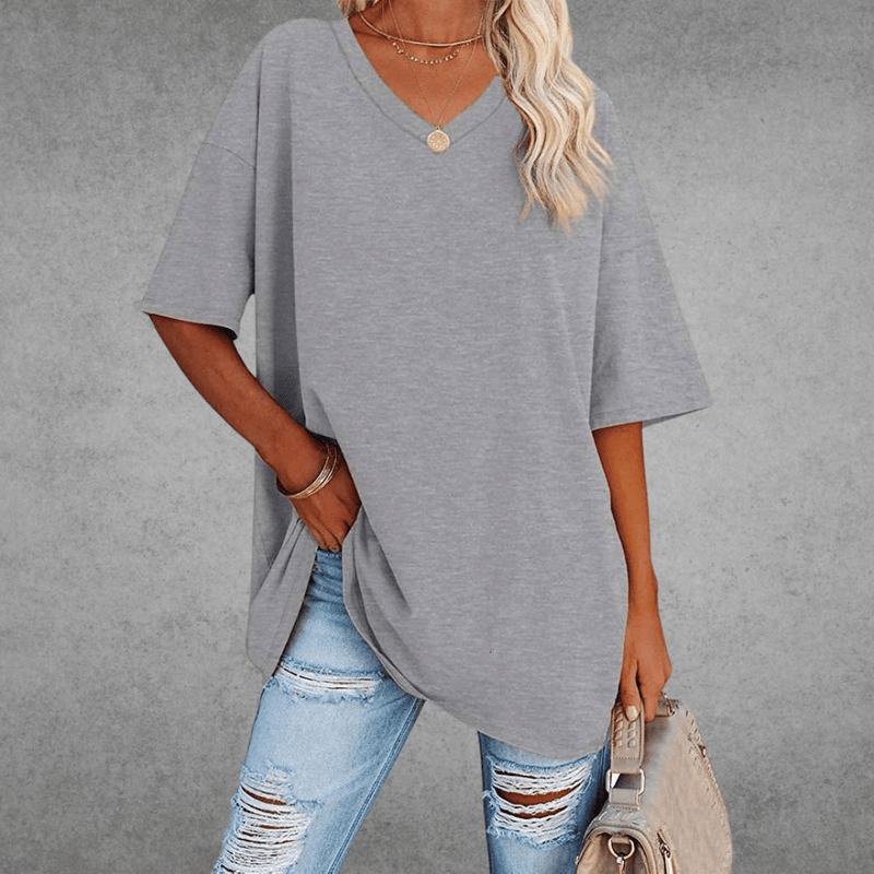 Top Dame Oversize T-shirt med V-hals, Bomuld i Lysegrå, produktbillede