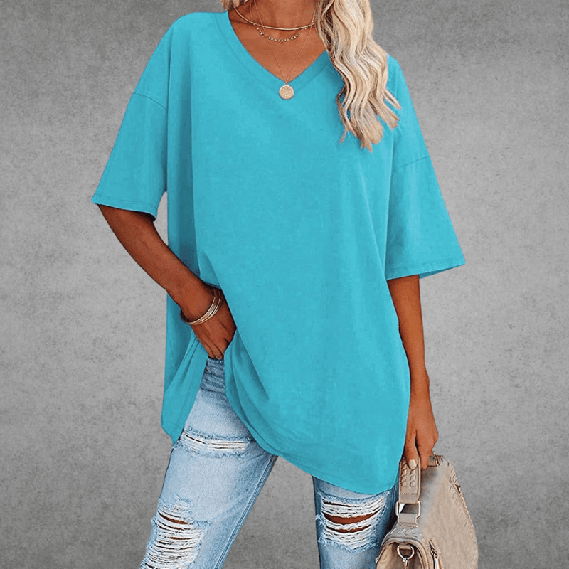 Top Dame Oversize T-shirt med V-hals, Bomuld i Lyseblå, produktbillede