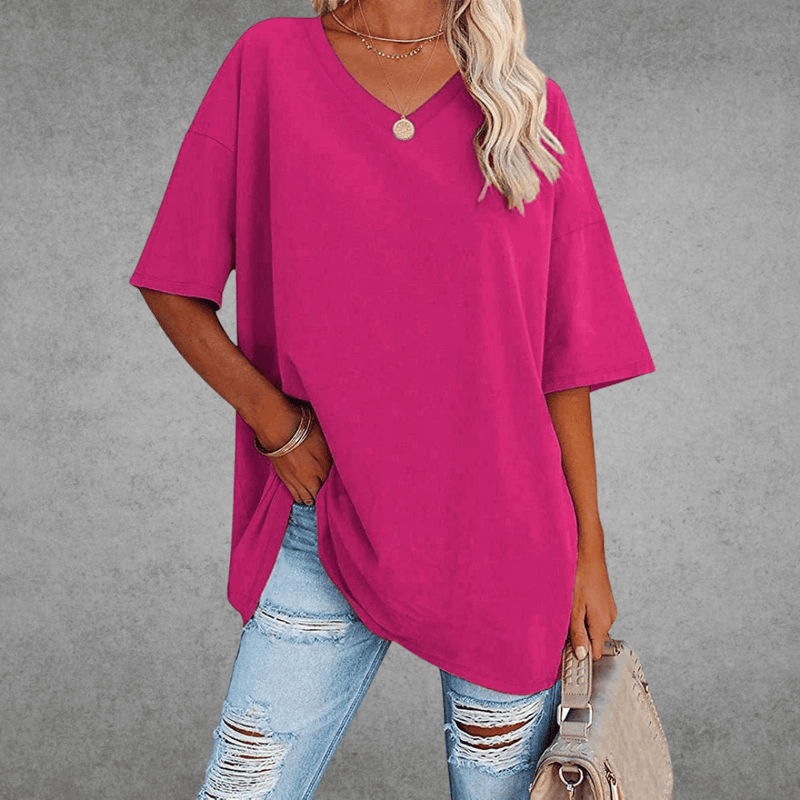 Top Dame Oversize T-shirt med V-hals, Bomuld i Lilla, produktbillede